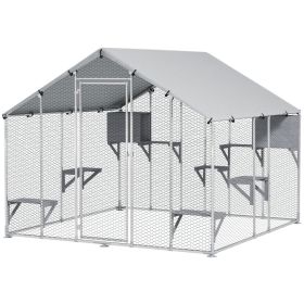 94.5" Extra Large Metal Outdoor Catio with Waterproof Cover, 2 Resting Boxes, 7 Jumping Platforms, for Multiple Cats (Option: Silver-1950x350x175 mm)