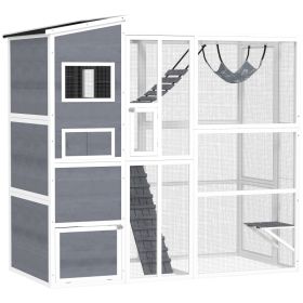 Large Wooden Catio Outdoor, Cat Enclosure w/ 4 Tier Resting Rooms, 3 Platforms, 1 Soft Ladder, 2 Ramps, 1 Hammock, Gray (Option: Gray-1050x150x870 mm)