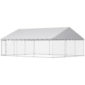 Heavy Duty Outdoor Dog Kennel with Waterproof Roof, 2 Secure Latches, Chain Link Dog Run for Backyard, 20' x 15' x 8' (Option: Silver-1540x260x240 mm)