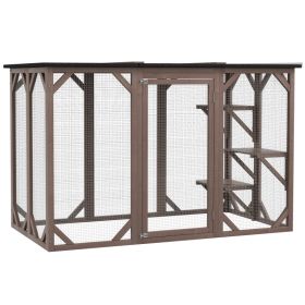 Outdoor Cat House, Catio Wooden Feral Cat Shelter, Cat Cage with Platforms, Large Enter Door, Weather Protection Asphalt Roof, 71" L, Brown (Option: Brown-1175x645x290 mm)